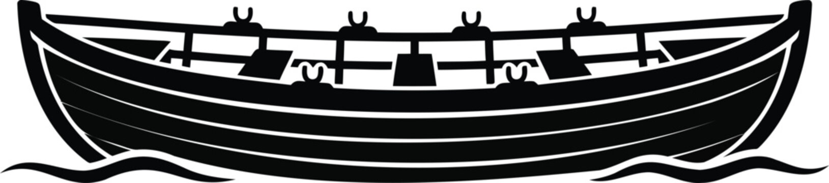 Black silhouette of a traditional wooden rowboat with oars and oarlocks floating on water on a white background, classic marine watercraft