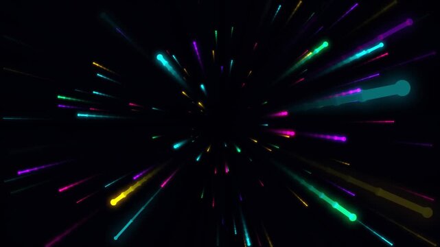 Colorful light rays exploding from a central point in dark space