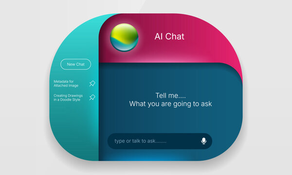 Creative colorful AI chat app UI mockup with sidebar menu and glossy orb header