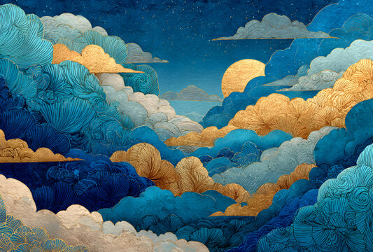 冬　和柄　高級感・青・金・雲　和紙の背景