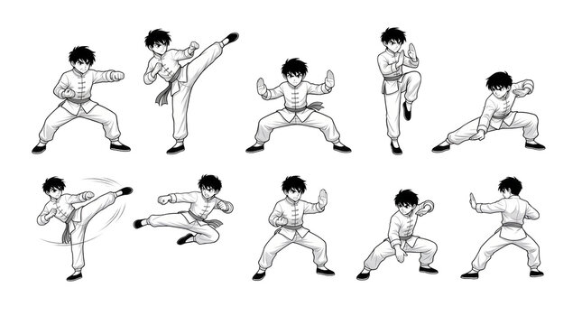 Chinese martial arts boy performing various kung fu poses in black