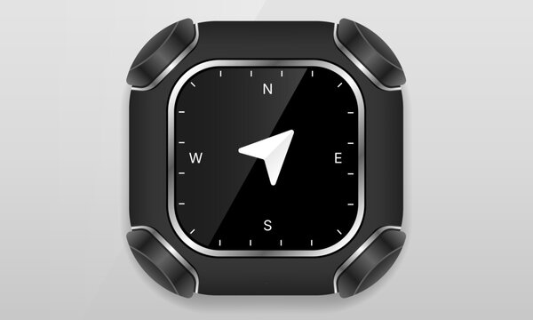 Rugged digital compass device UI mockup with navigation arrow and cardinal points