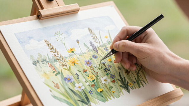 Painting Wild Meadow Wildflowers with Watercolor on Easel