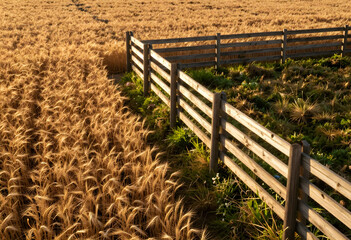 Naklejka premium Agriculture and food security, golden wheat field with wooden fence in rural landscape during harvest season under warm sunlight in countryside