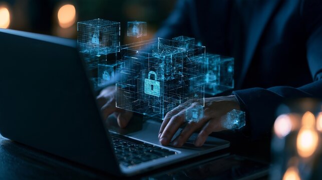 Blockchain technology to secure data, Technology linked together concept, Businessman uses laptop connect global network advanced Business Network Security, Showing icon laptop screen.