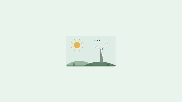 Wind turbine and sun shining on green hill landscape illustration