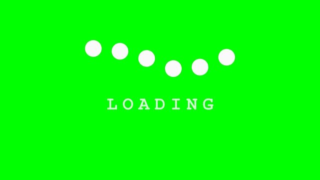 An enlarged, slowed-down, minimalist loading animation featuring 6 bouncing dots and bold monospace 'LOADING' text. Isolated on a chroma green background.
