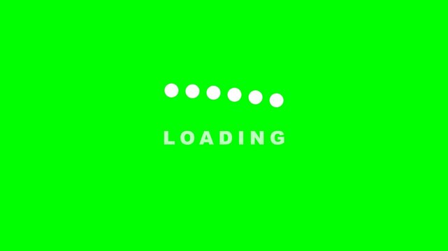A clean, large scale loading animation featuring 6 bouncing dots and 'LOADING' typography, isolated on a chroma green background for easy compositing.
