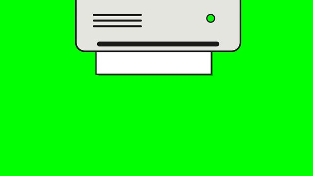 A stylized retro-futuristic kiosk printer ejecting a large instant photo. The photo slides out, the image develops, and then it drops. Flat graphic design optimized for clean chroma keying.