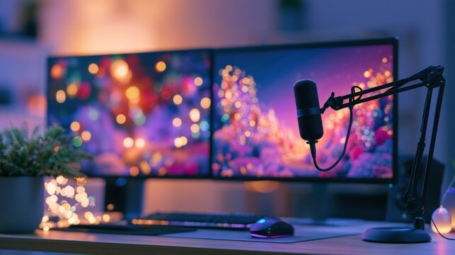 Modern content creator desk with two monitors and a microphone on a boom arm under warm holiday ambient lighting