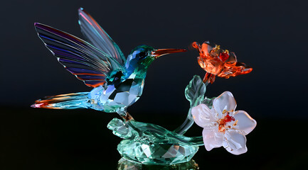 Fototapeta premium Crystal hummingbird sculpture with glass blossoms
