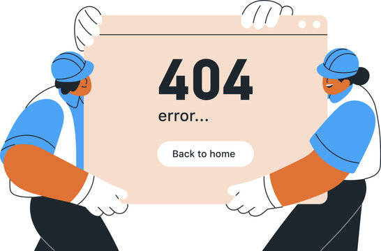 404 error, site under construction and maintenance. 404 error on website page with builders, engineer workers. Site under repair. Unavailable website, webpage break concept. Vector illustration