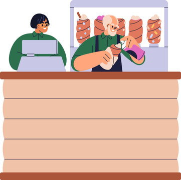 Bakery stall, food shop at street market. Food vendors, sellers at outdoor bakery shop. Craft baked trdelnik stall, stand, counter at local fair. Flat vector illustration isolated on white background