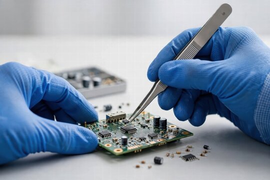 Hands in blue gloves carefully working with electronic circuit board and tools in laboratory environment for technology close-up