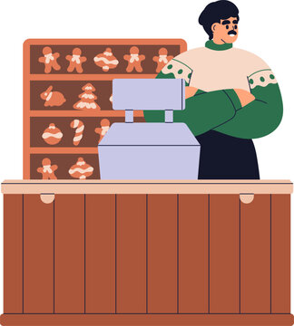 Bakery stall, food shop with Christmas gingerbread cookies. Christmas stall at winter holiday street market. Food vendor with craft baked ginger bread at counter. Vector illustration isolated on white