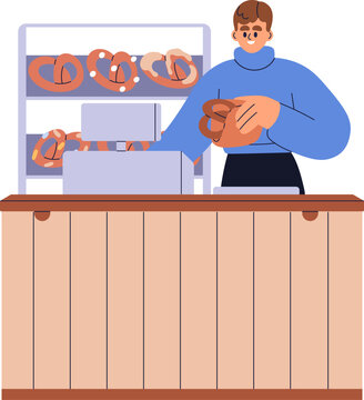 Bakery stall, baked street food shop. Vendor, seller at counter, stall with pretzel bakery. Outdoor shop at street market, fair. Small business. Flat vector illustration isolated on white background
