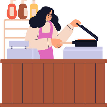 Street food stall counter with vendor cooking waffles. Street food shop, seller at stall, small stand at outdoor market, holiday fair. Hot waffle store, counter. Vector illustration isolated on white