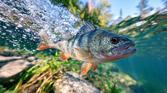Colorful freshwater fish swimming underwater in a pristine natural river, sparkling air bubbles rising from the rocky riverbed, clear blue-green water, aquatic plants gently moving in the current, s