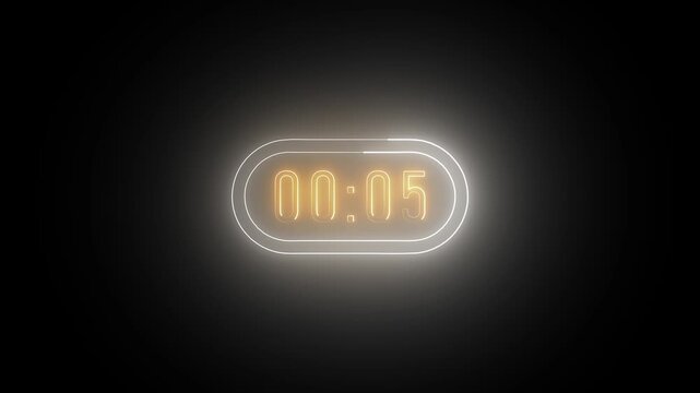 A neon 60-second countdown icon glows vividly with a bright circular progress ring shrinking steadily, digits updating each second, and a soft pulsating electric glow emphasizing the countdown.