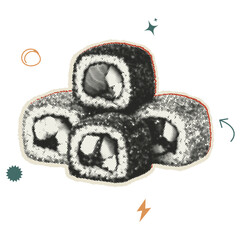 Retro halftone sushi roll with decorative on a transparent background, maki vintage © DreamStock