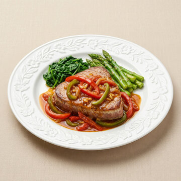 Grilled tuna fillet with Basque-style sauce, bell pepper, spinach, and asparagus, served on a decorated porcelain plate