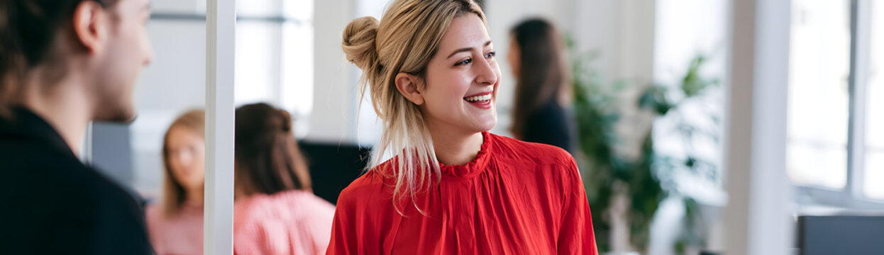 A woman wearing a red blouse is talking to a colleague in a modern, brightly lit office for teamwork and corporate messaging