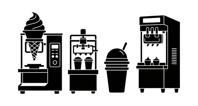 Black and White Silhouette Icons of Industrial Frozen Dessert Making Equipment