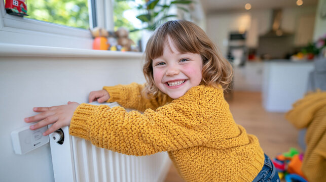 Joyful toddler looking fascinated by a smart thermostat attached to a modern radiator in a bright living room, warm household atmosphere, contemporary interior design, soft knitted blanket and toys 
