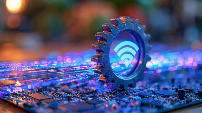 Metallic industrial gear with an illuminated WiFi icon positioned over a complex futuristic circuit board, streams of digital light connecting chips and electronic components, wireless communication