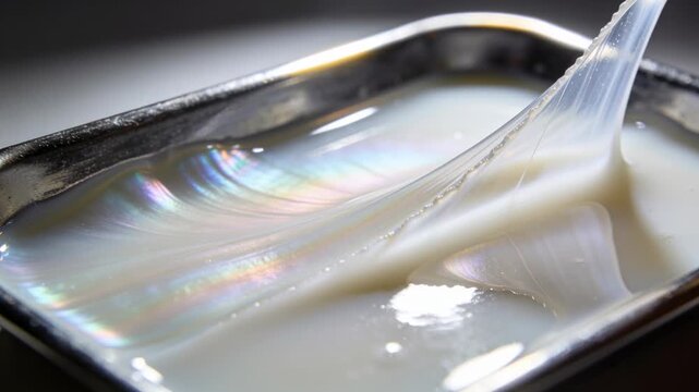 Pouring tip releasing viscous white liquid into stainless steel tray in macro, forming rainbow film