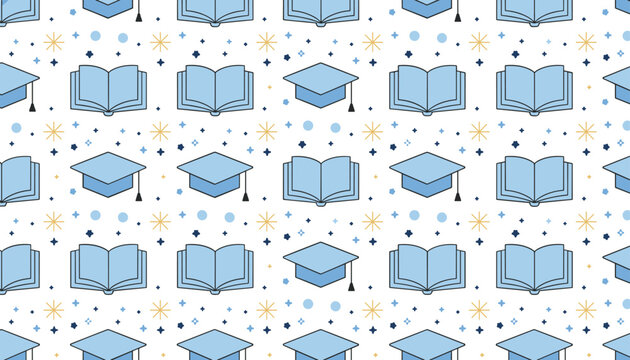 Seamless background pattern of blue graduation caps, open books, shiny stars, and dots on a plain white background.