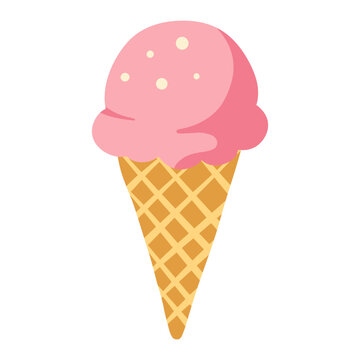 Pink strawberry ice cream scoop on golden waffle cone with pale circular accents, soft rounded topping, creamy texture and delicate pastel hand drawn vector appearance