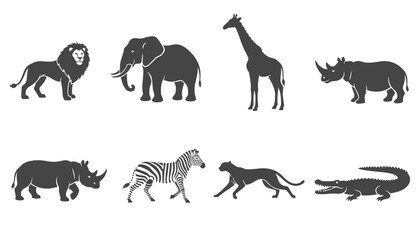 Obraz premium African wildlife animal silhouettes collection set featuring elephant, giraffe, lion, rhino, zebra, cheetah and crocodile.