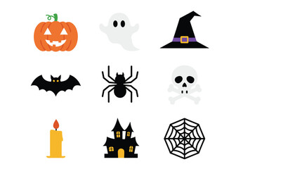 Fototapeta premium Halloween flat icon set featuring spooky elements like pumpkin, ghost, witch hat, bat, spider, skull and haunted house.
