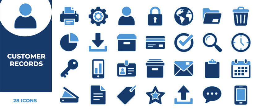 Modern set of twenty eight business customer records icons for web development and digital interface design