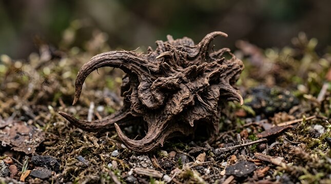 Dried spiked seed pod sitting on mossy forest floor ground