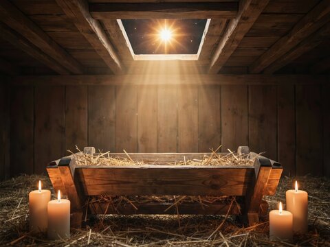 Rustic nativity scene with empty wooden manger, holy light beaming from Bethlehem star through roof, peaceful Christmas background