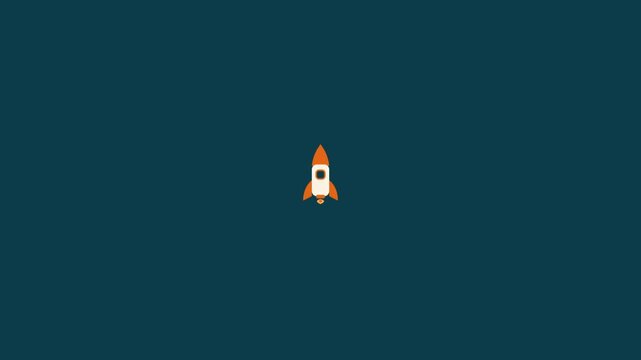 Red and white rocket launching into space against dark background