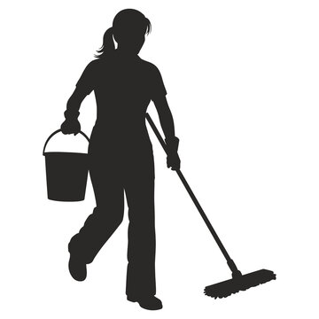 Woman cleaning floor with mop and bucket silhouette