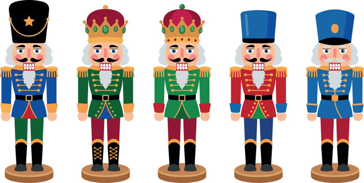 Traditional Christmas nutcracker king and soldier character dolls set for winter holiday vector design