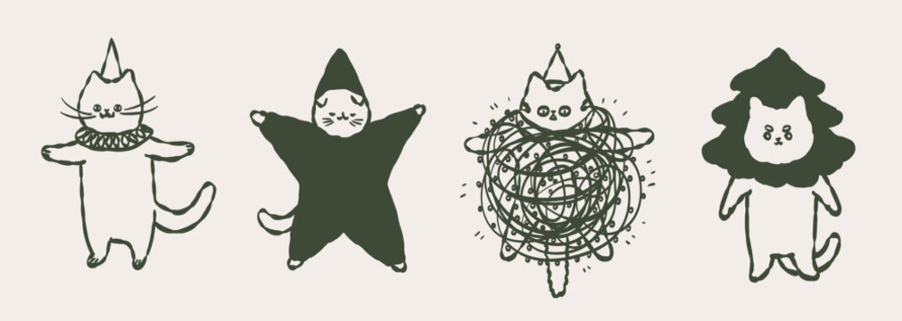 Christmas cats characters in cute costumes. Funny kittens in ink,chalk or charcoal hand drawn style. Winter holidays celebration vector illustrations perfect for greeting cards, invitations, stickers.