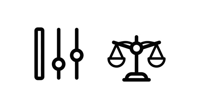 Black outline line art vector icons depicting moderate slider position settings and balanced scales concept with position moderate settings equality comparison interface technology