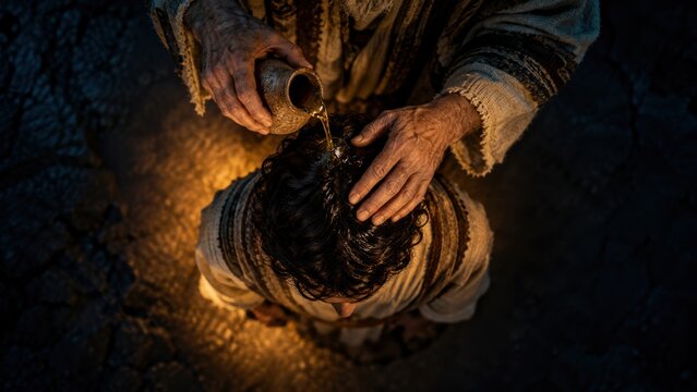 Prophet Samuel anointing David with oil in biblical scene. David chosen as future king of Israel. Religious faith, divine calling and leadership. Old Testament narrative and Christian art.