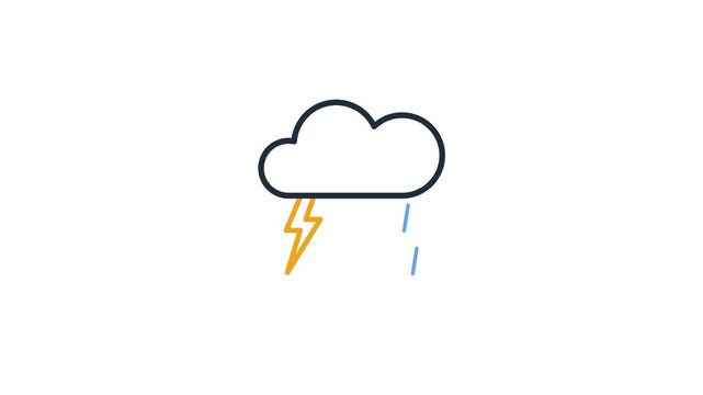 稲妻が繰り返し光る雷雲と雨の線画アイコン ループアニメーション