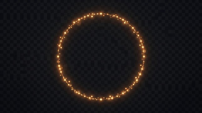 Glowing golden christmas lights garland frame, shiny glowing ring, magic sparks and stars on black background
