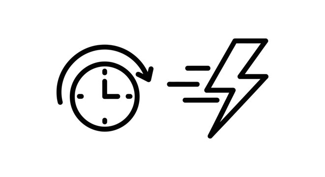 Minimalist line art icons depicting time clock history reversal and fast energy lightning bolt speed with minimalist lightning electricity deadline
