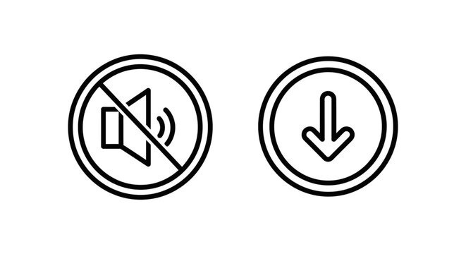 Linear icons representing quiet button and low press functions on white background with direction interface pictogram isolated illustration minimalist function reduction navigation