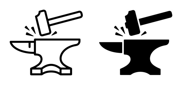 Hammer and anvil icons set with sparks, blacksmithing and metalwork symbols