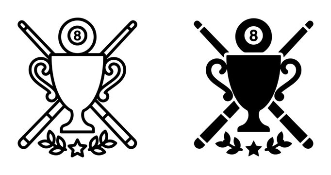 Billiard trophy icon set with ball and cues for sports and games