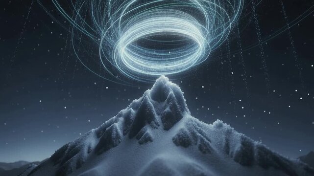 Forming glowing torus above snowcapped peak, casting pulsing light onto ridges as motes drifting